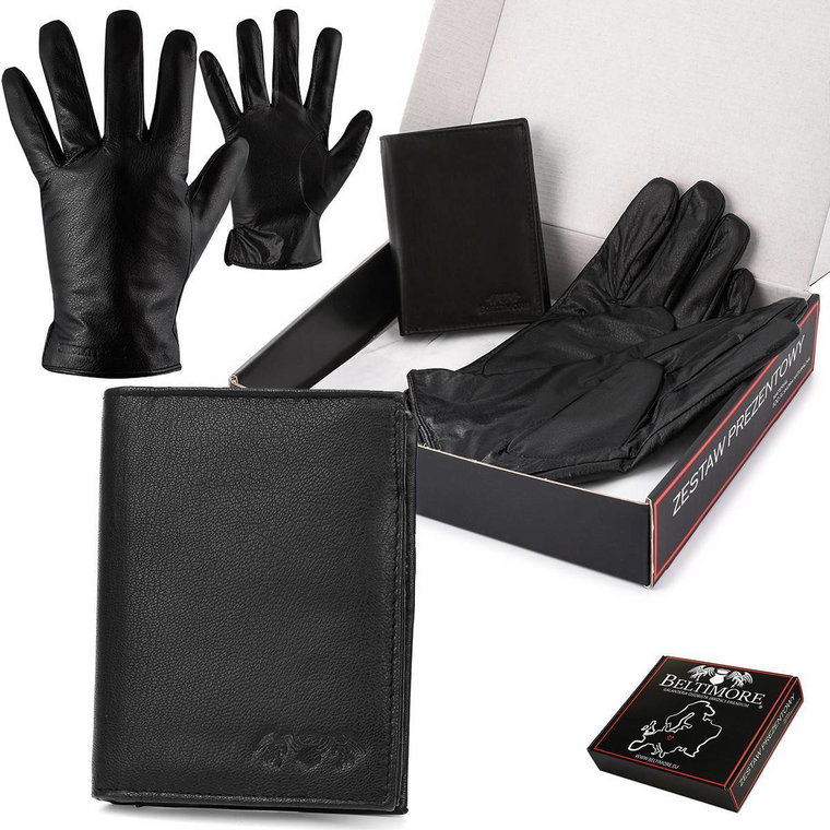 Zestaw męski skórzany portfel poziomy rękawiczki czarne Beltimore czarny