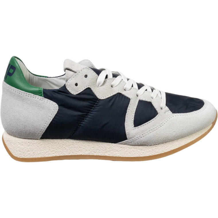 Szare Zamszowe i Niebieskie Tkaninowe Niskie Sneakersy z Zielonym Detalem Philippe Model