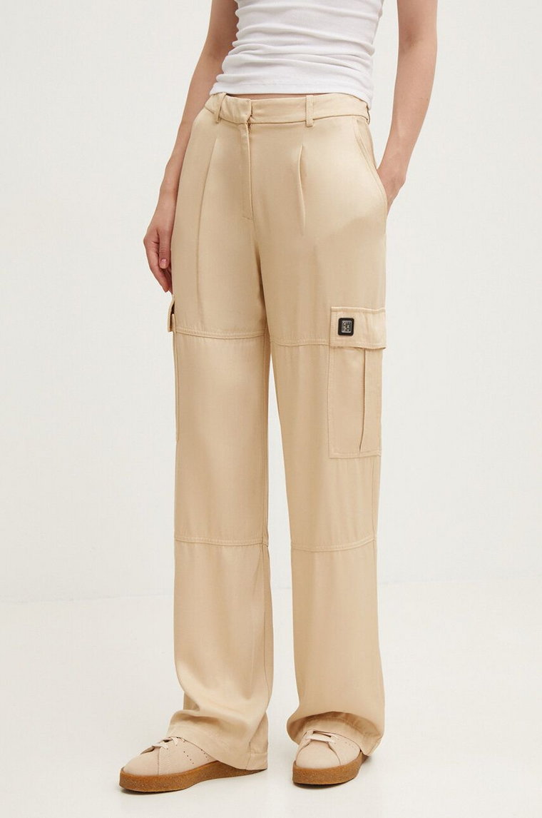 HUGO spodnie damskie kolor beżowy proste high waist 50472062