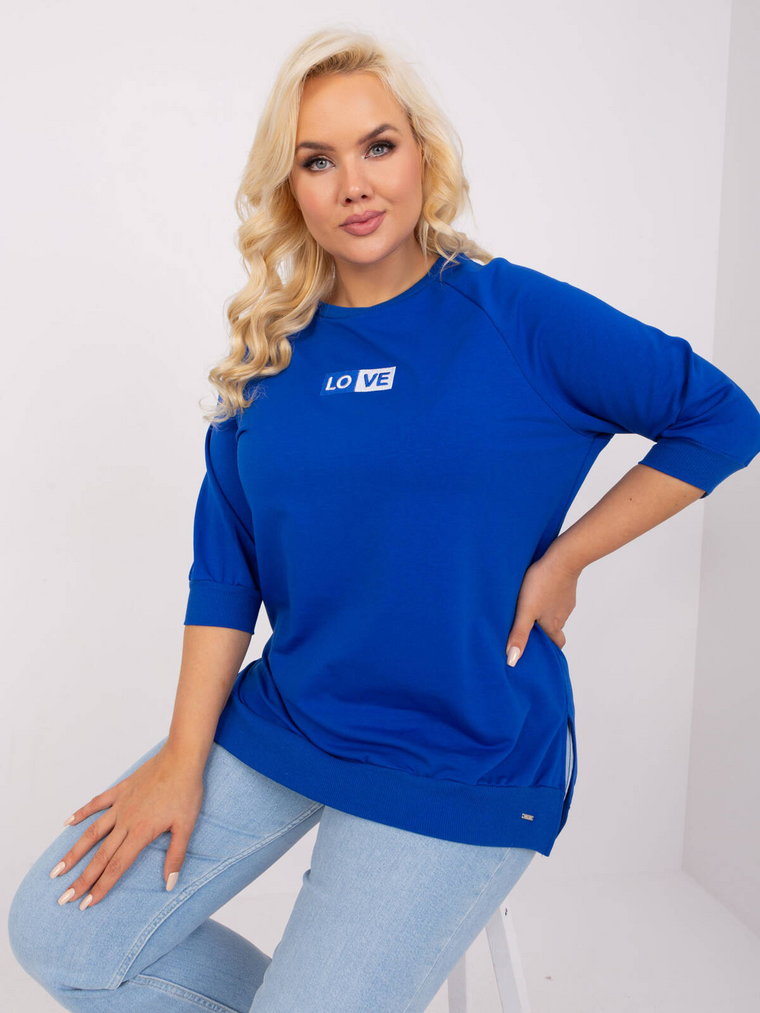 Bluzka plus size kobaltowy casual dekolt okrągły rękaw 3/4 naszywki