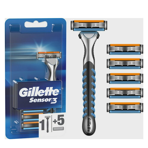 Pasek do golenia dla mężczyzn Gillette Sensor 3 z 6 wymiennymi wkładami (7702018550807). Golarka ręczna
