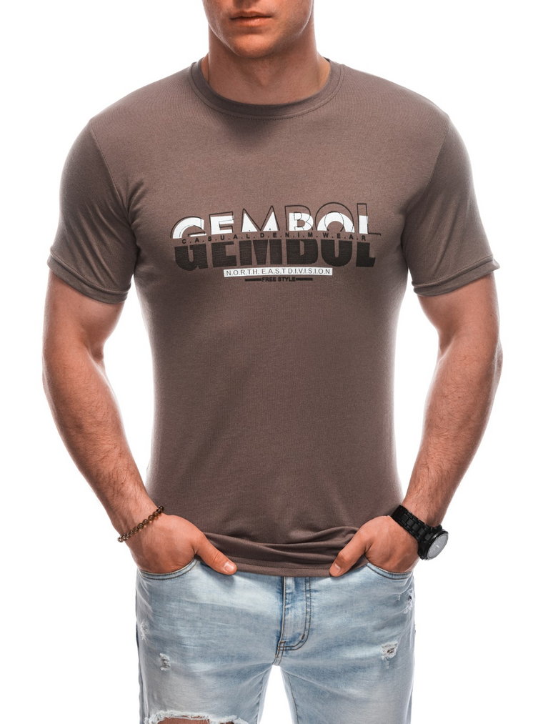 T-shirt męski z nadrukiem S1921 - brązowy