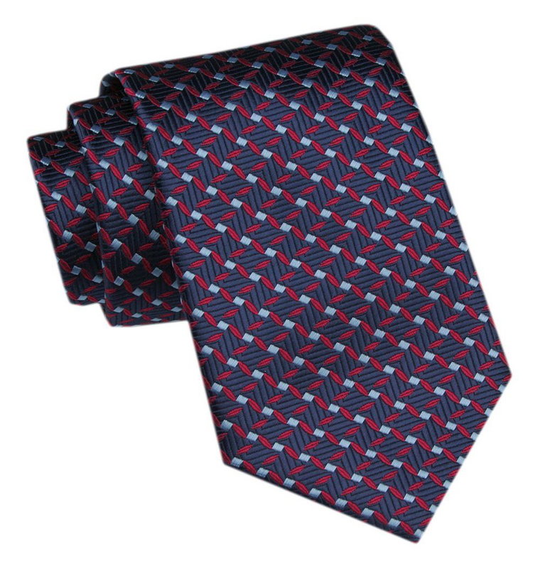 Modny Krawat Męski - Alties - Geometryczny Wzór, Granat z Czerwienią
