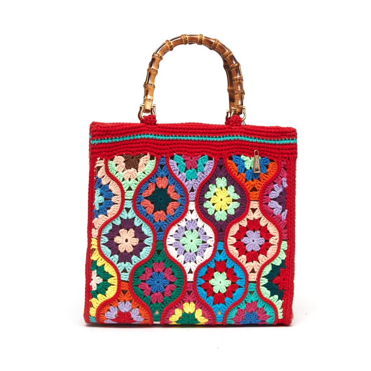 Czerwona torebka na ramię z haftem w wielu kolorach La Milanesa