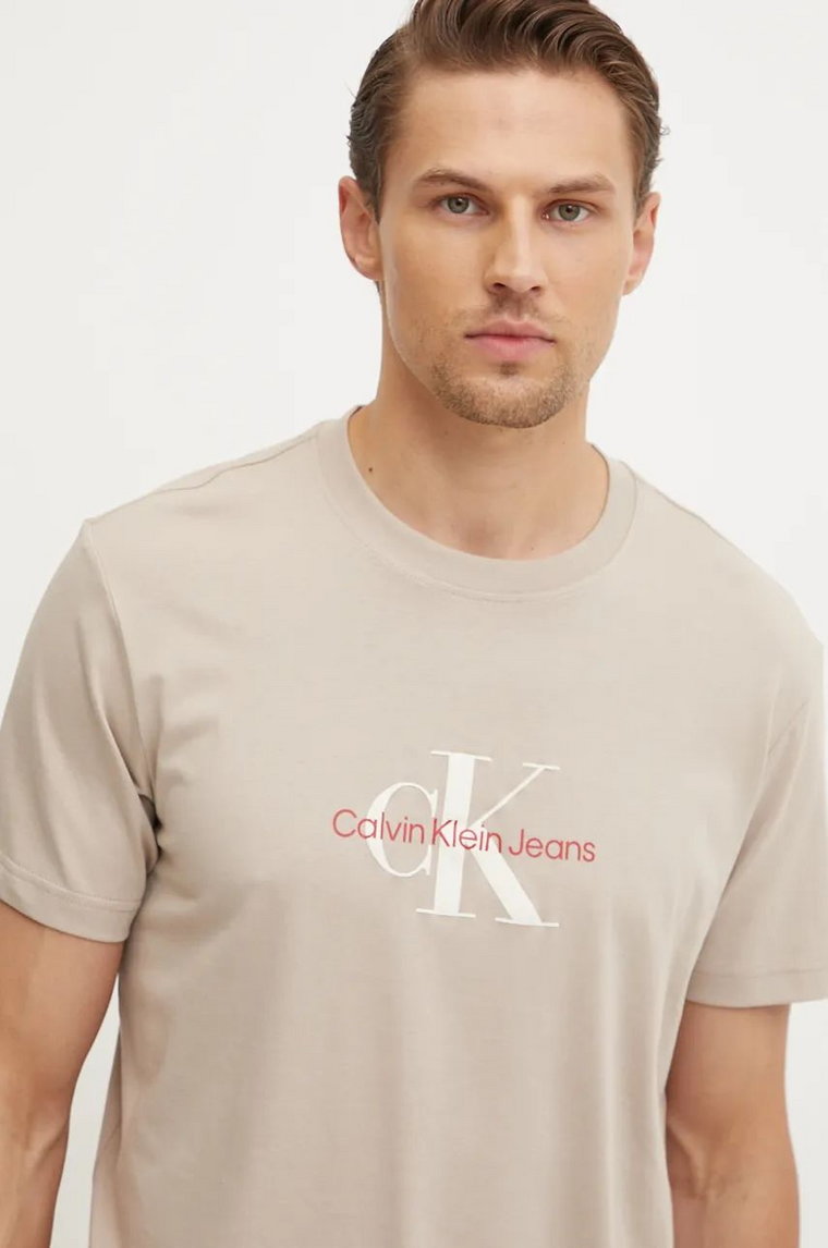 Calvin Klein Jeans t-shirt bawełniany męski kolor beżowy z nadrukiem J30J326863