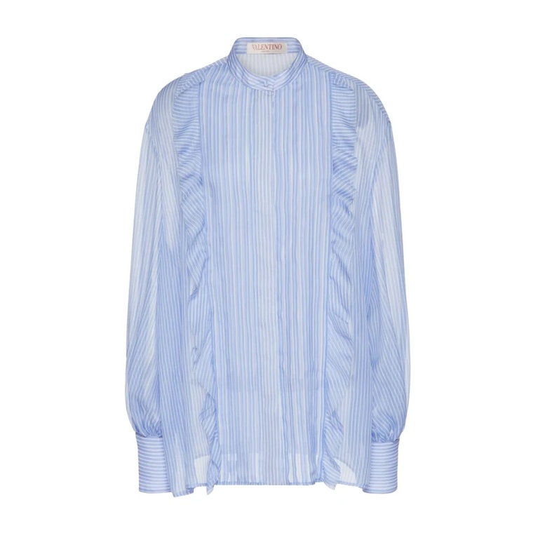 Jasnoniebieska jedwabna bluzka z falbanami i detalami w formie szala Valentino Garavani