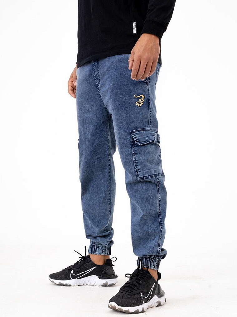 Spodnie Jeansowe Jogger Cargo Grube Lolo Smoke Classic Niebieskie Wycierane