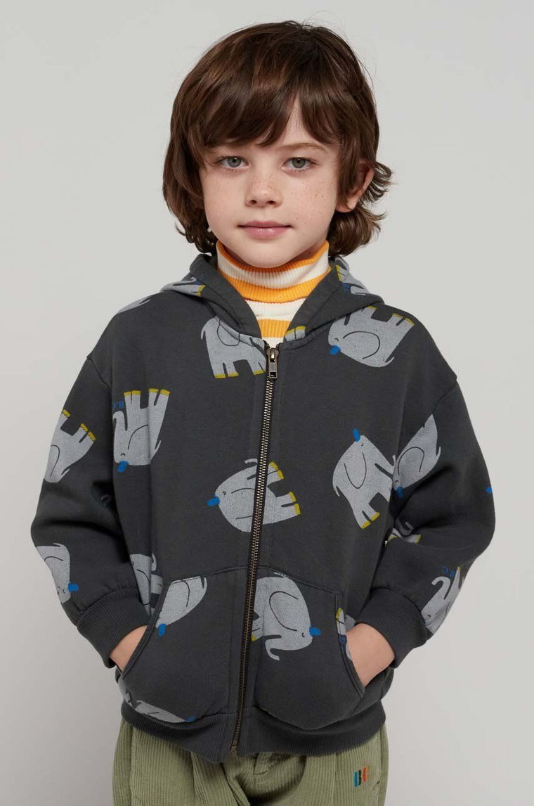 Bobo Choses bluza bawełniana dziecięca kolor szary z kapturem wzorzysta