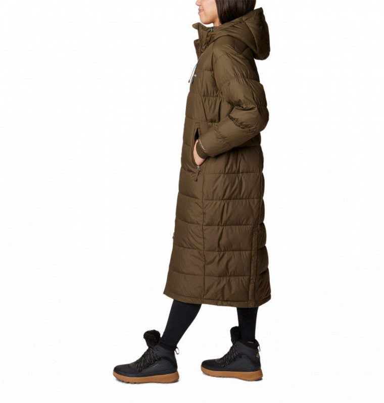 Damski płaszcz puchowy pikowany Columbia Pike Lake II Long Puffer Jacket - oliwkowy