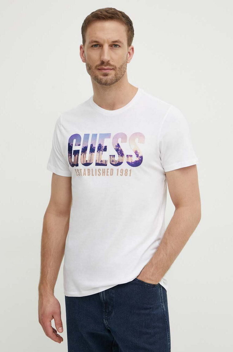 Guess t-shirt bawełniany męski kolor biały z nadrukiem M4YI83 K9RM1