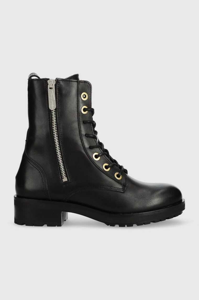 Tommy Hilfiger workery skórzane Th Essentials Biker Boot damskie kolor czarny na płaskim obcasie ocieplone