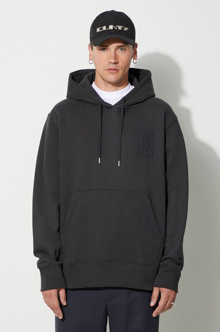 Norse Projects bluza bawełniana Arne Relaxed Organic Brushed Fleece N Logo Hoodie męska kolor czarny z kapturem gładka N20-1354-9999