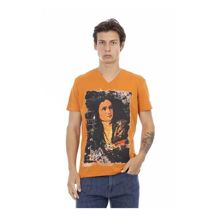 Stylowa Pomarańczowa Koszulka z Dekoltem V i Nadrukiem na Przodzie Trussardi