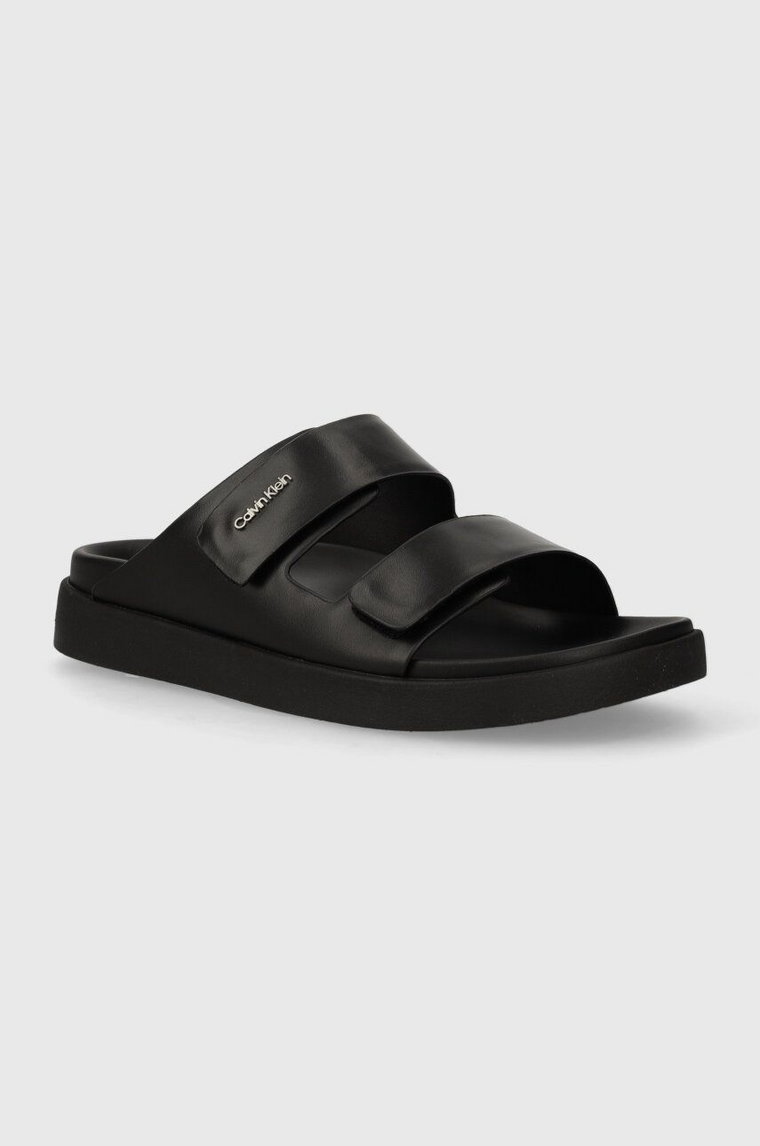 Calvin Klein klapki skórzane FLAT ADJ SLIDE CALVIN MTL LTH damskie kolor czarny HW0HW01954