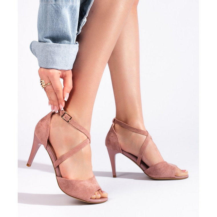 Zamszowe damskie sandały na szpilce pudrowy róż Sergio Leone różowe