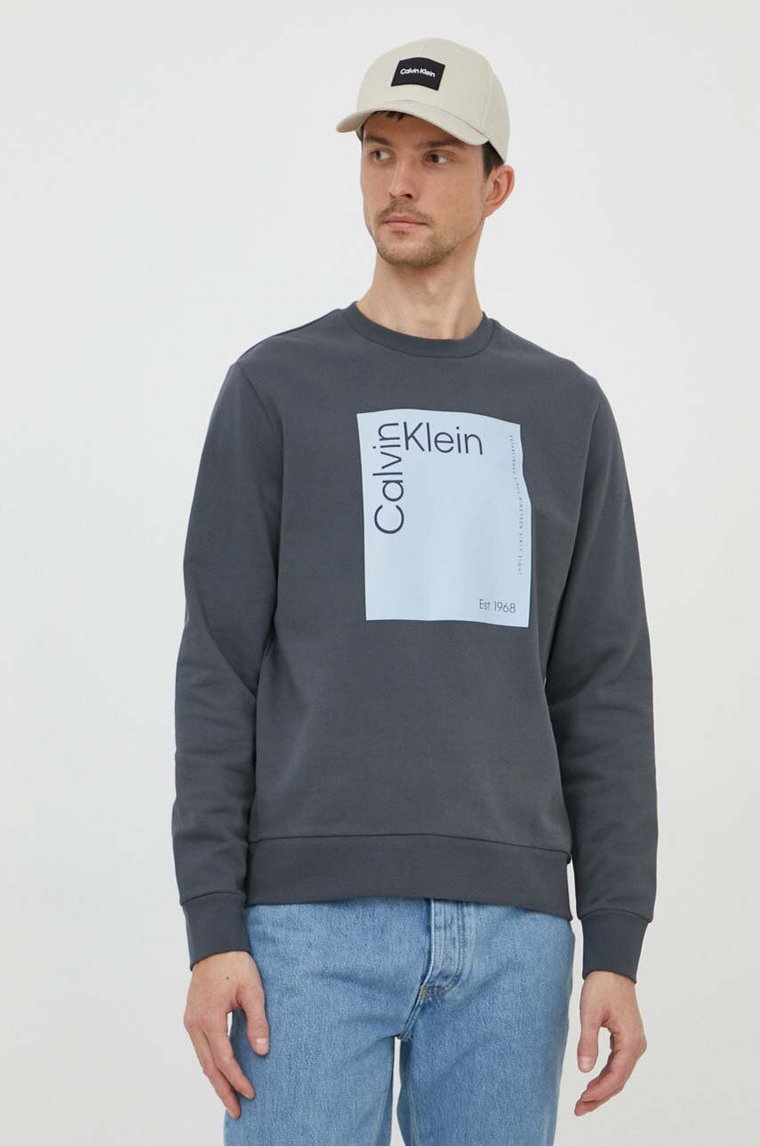 Calvin Klein bluza bawełniana męska kolor szary z nadrukiem