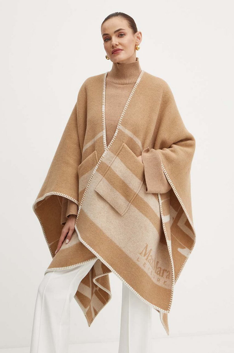 Max Mara Leisure poncho wełniane kolor brązowy ciepłe 2426736038600