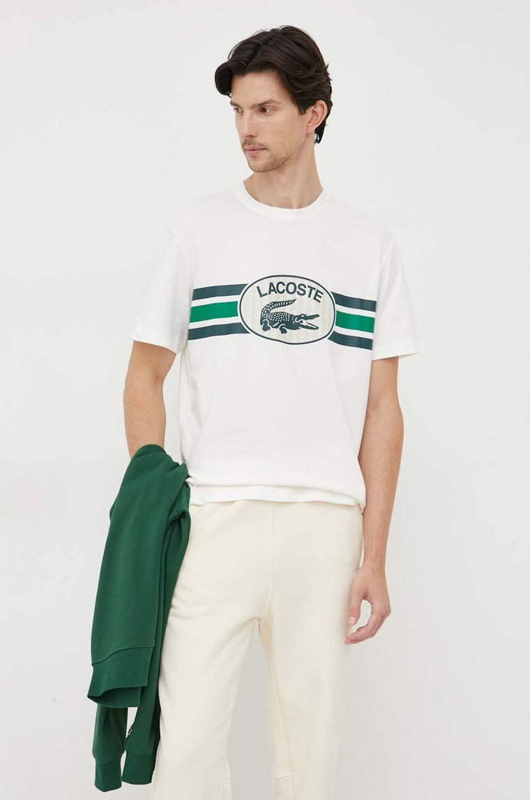 Lacoste t-shirt bawełniany kolor beżowy z nadrukiem