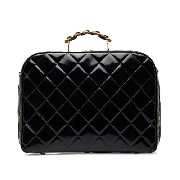 Czarna torba lunchbox z łańcuchem z lakierowanej skóry Chanel Vintage