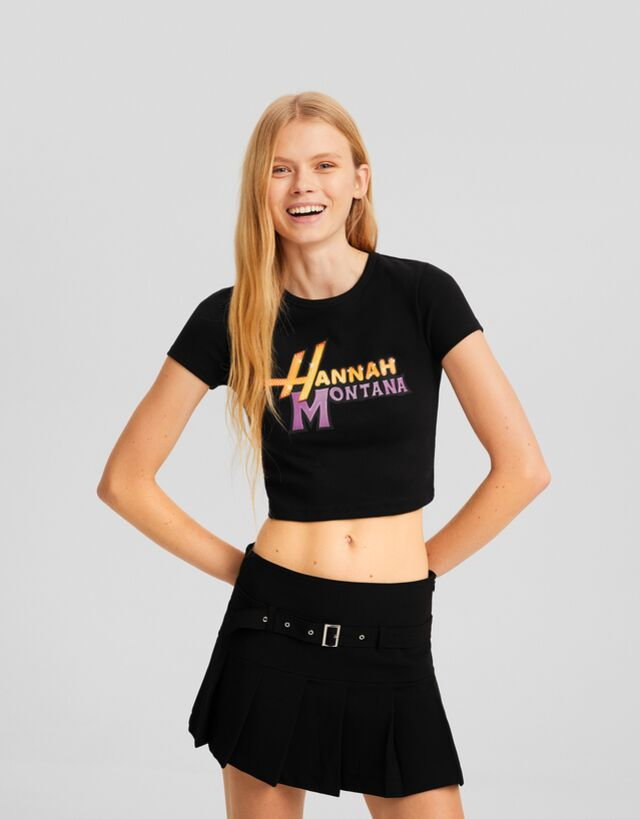 Bershka Hannah Montana  Krótka Koszulka Z Krótkim Rękawem I Nadrukiem Kobieta S Czarny