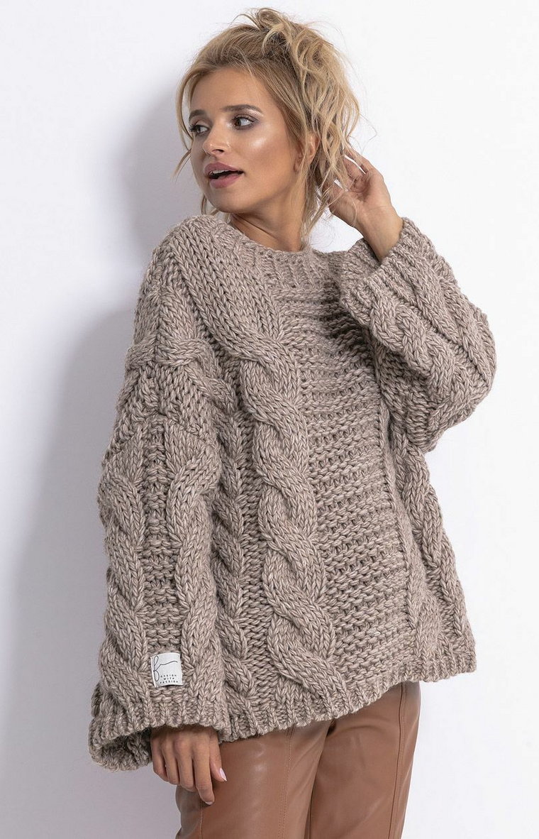 Sweter z wełną w kolorze mocca CHUNKY KNIT F780, Kolor mocca, Rozmiar S/M, Fobya