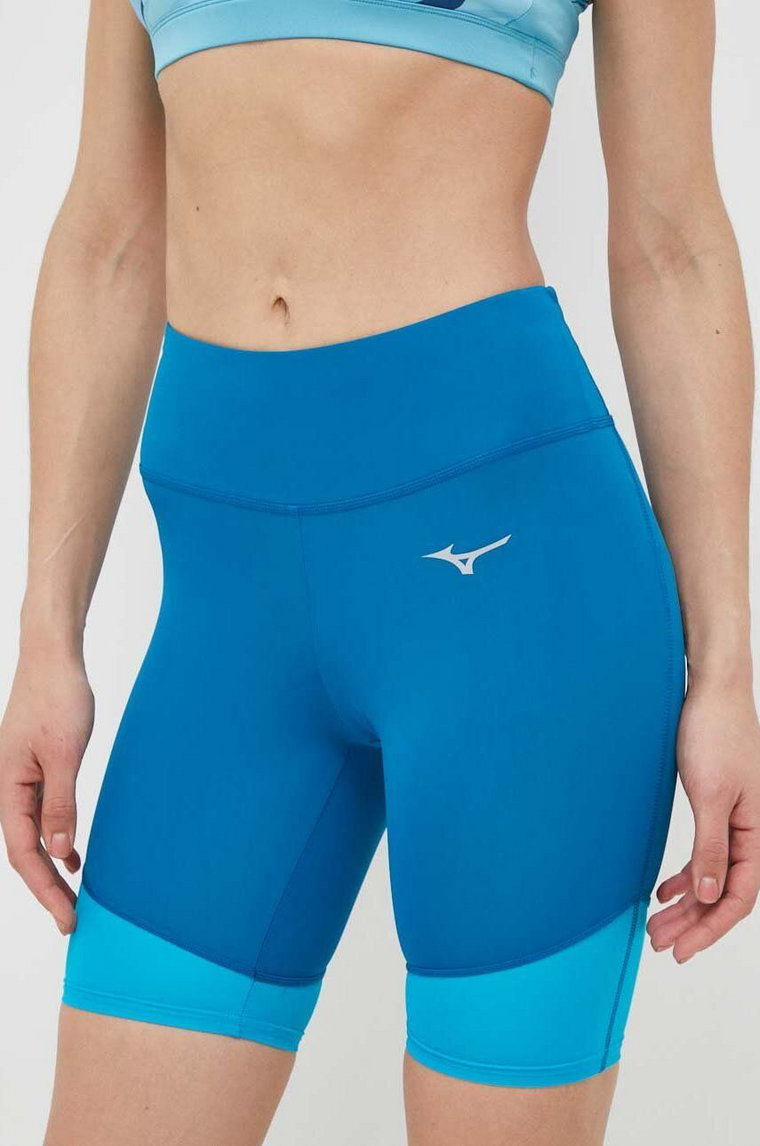 Mizuno szorty do biegania Impulse Core Mid kolor niebieski gładkie high waist