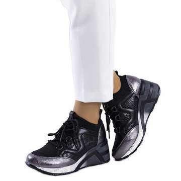 Czarno-metaliczne sneakersy na koturnie Bluflon czarne srebrny