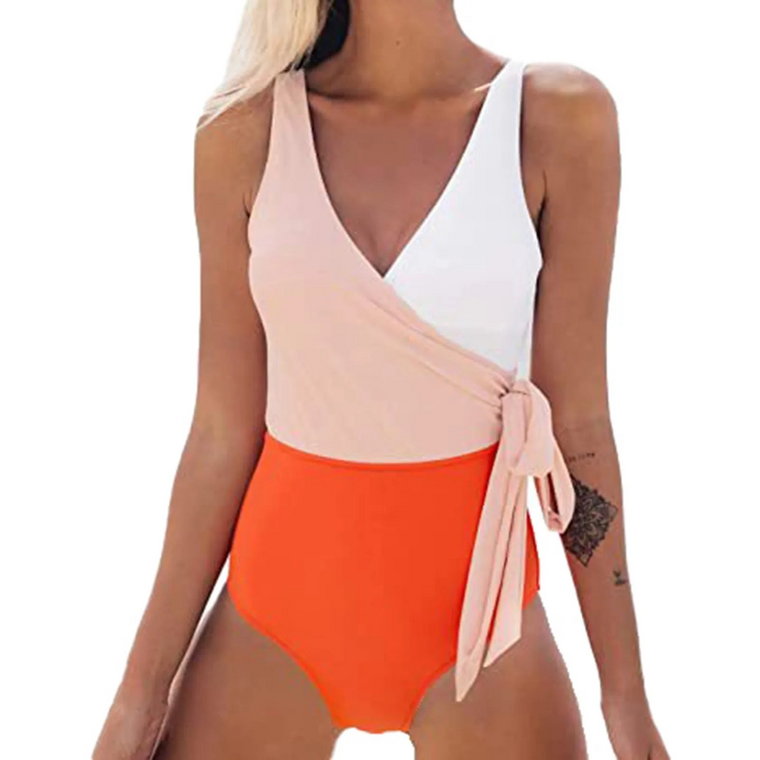 Jednoczęściowy strój kąpielowy z wiązaniem na boku - Pomarańczowy S