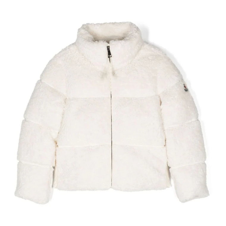Biała pikowana kurtka puchowa z logo na rękawie Moncler