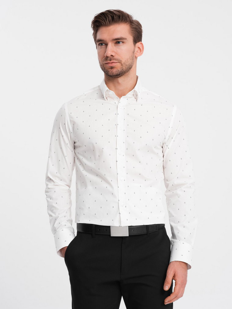 Klasyczna męska bawełniana koszula SLIM FIT w kotwice - biała V3 OM-SHCS-0156