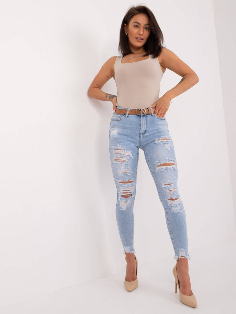 Spodnie jeans jeansowe jasny niebieski casual nogawka zwężana pasek