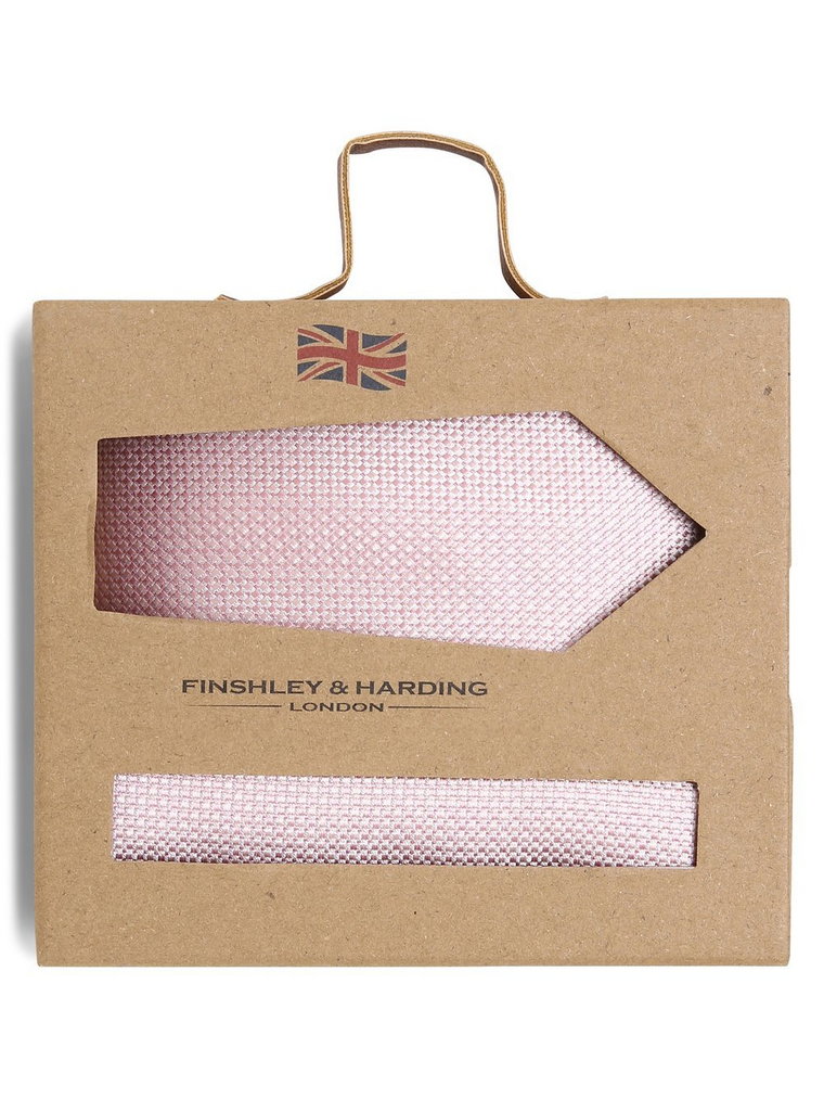 Finshley & Harding London - Krawat męski i poszetka z jedwabiu, różowy
