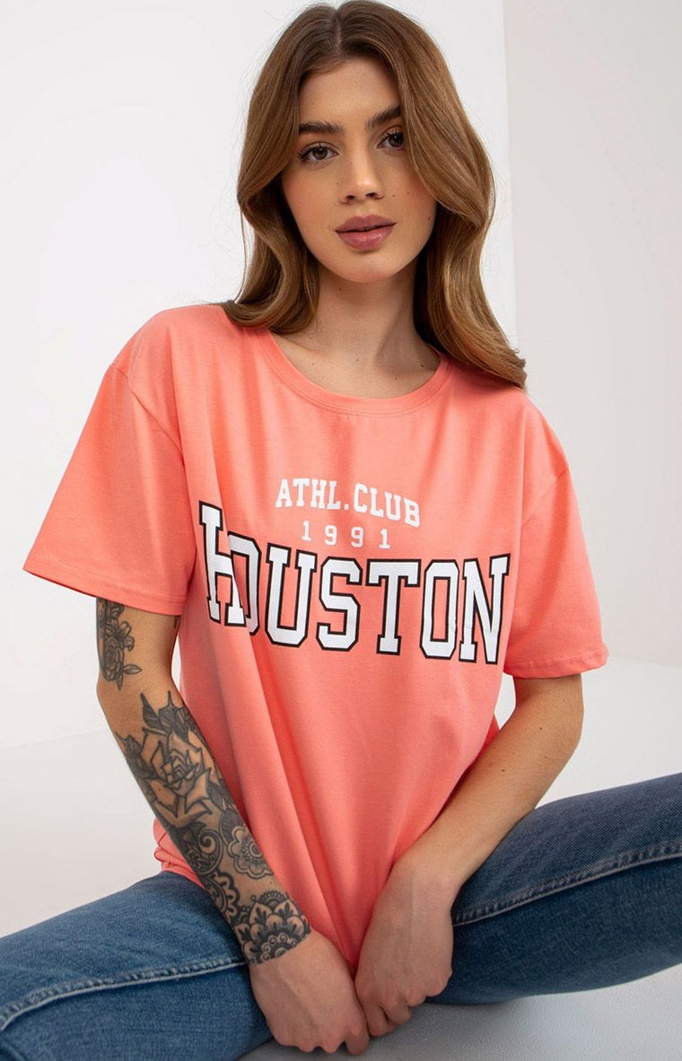 T-shirt damski z nadrukiem brzoskwiniowy EM-TS-527-1.26X, Kolor brzoskwiniowy, Rozmiar one size, Merribel