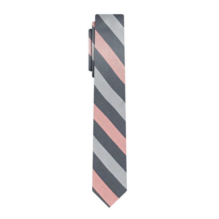 Krawat wąski różowo szary w poprzeczne pasy "śledzik" EM 22