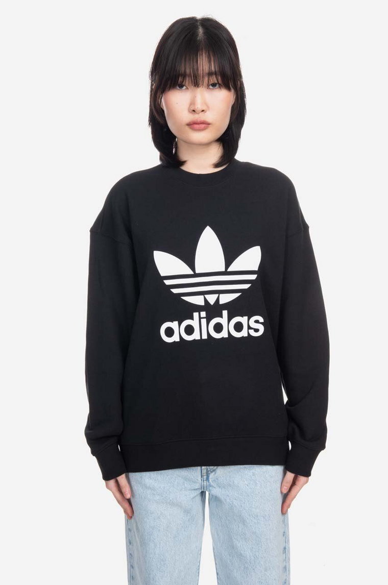 adidas Originals bluza bawełniana Trefoil Crew damska kolor czarny z kapturem z nadrukiem IB7431-CZARNY