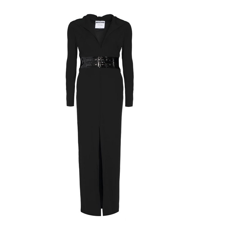Czarna długa sukienka z winylowym paskiem w talii Moschino