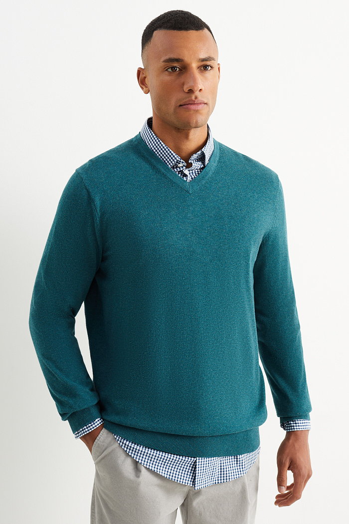 C&A Sweter z delikatnej włóczki i koszula-regular fit-przypinany kołnierzyk, Zielony, Rozmiar: L