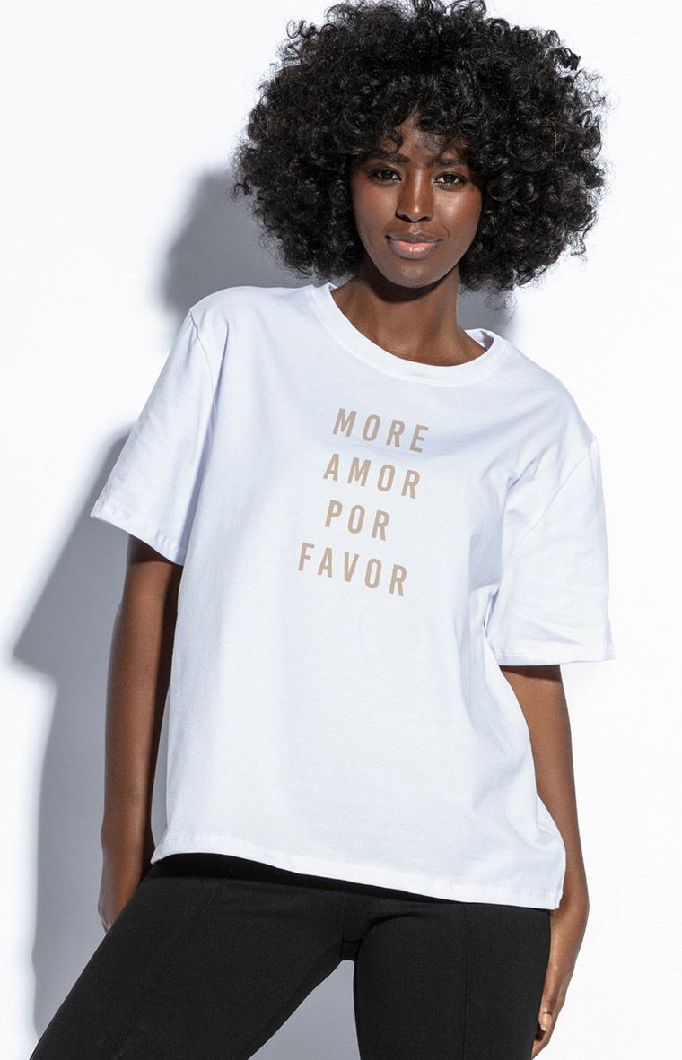 T-shirt damski z krótkim rękawem i beżowym napisem F1829, Kolor biało-beżowy, Rozmiar L/XL, Fobya