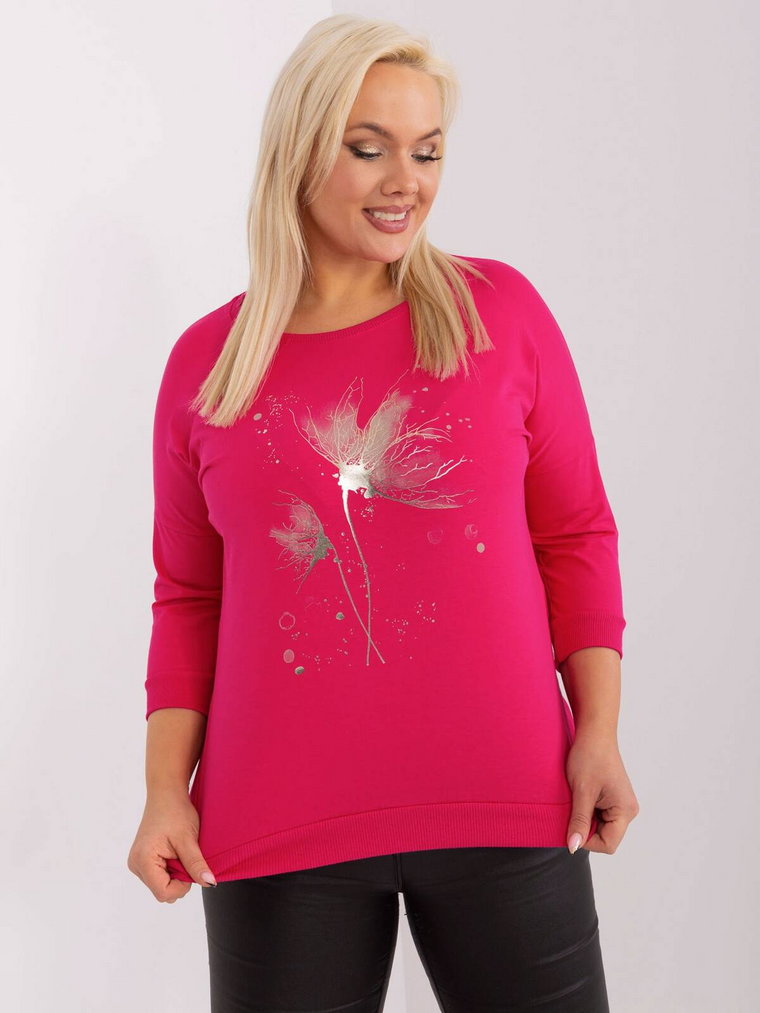 Bluzka plus size fuksjowy casual codzienna dekolt okrągły rękaw 3/4