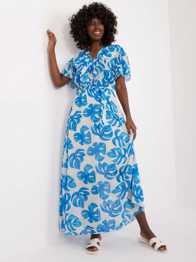 Sukienka z printem niebieski codzienna letnia dekolt w kształcie V rękaw krótki długość maxi pasek z podszewką falbana
