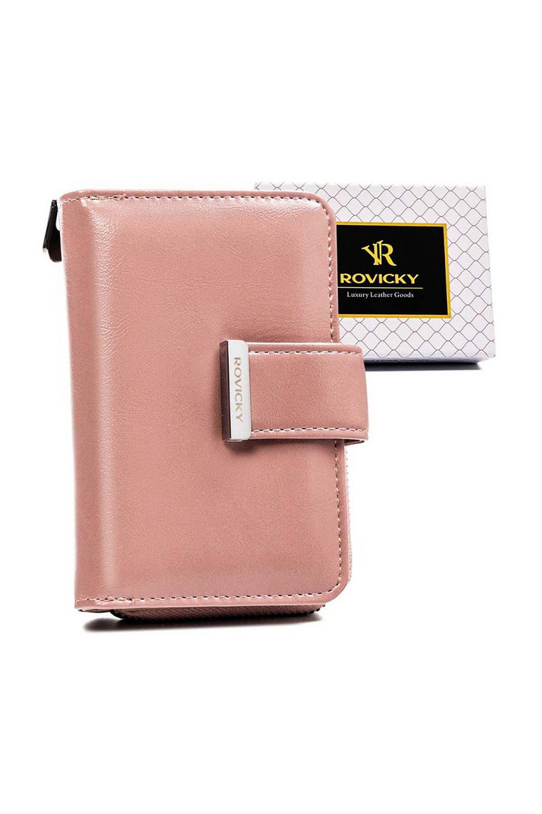 Różowy portfel damski z jednolitej skóry ekologicznej, zapinany zatrzaskiem - Rovicky