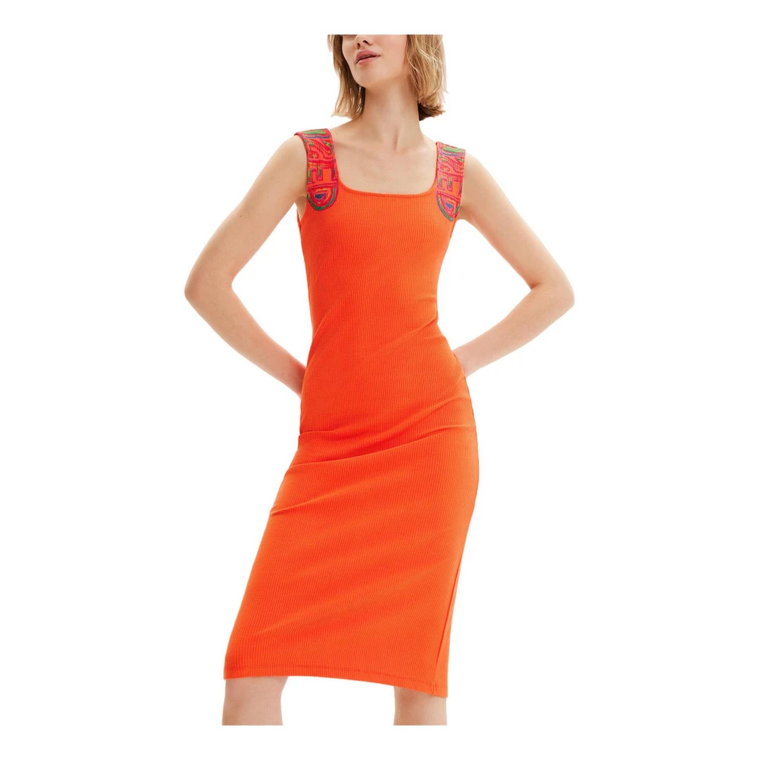 Pomarańczowa Sukienka z Kwadratowym Dekoltem Desigual