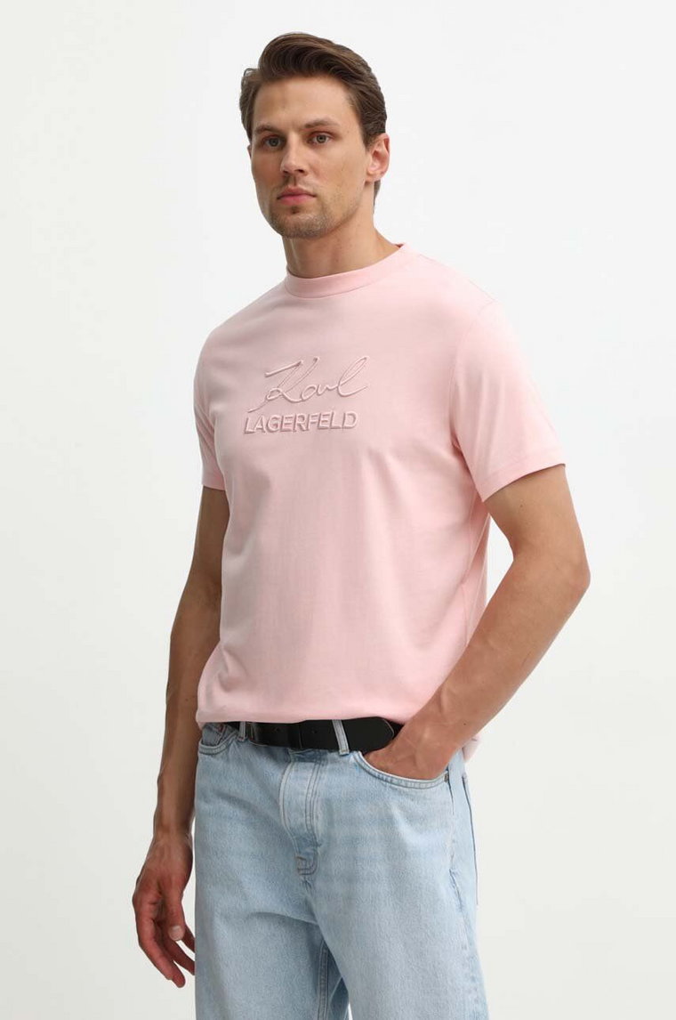 Karl Lagerfeld t-shirt bawełniany męski kolor różowy z aplikacją 542225.755030