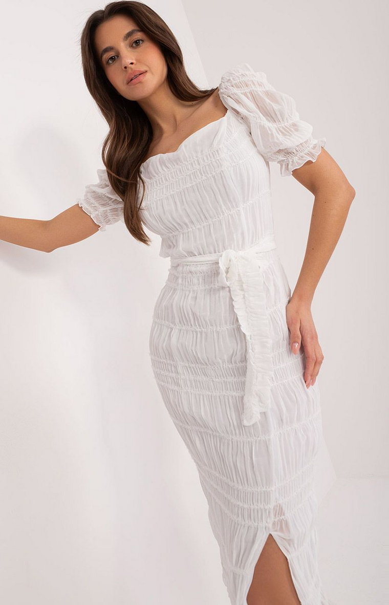 Biała dopasowana sukienka z rozcięciem LK-SK-509403.29X, Kolor biały, Rozmiar S, Lakerta