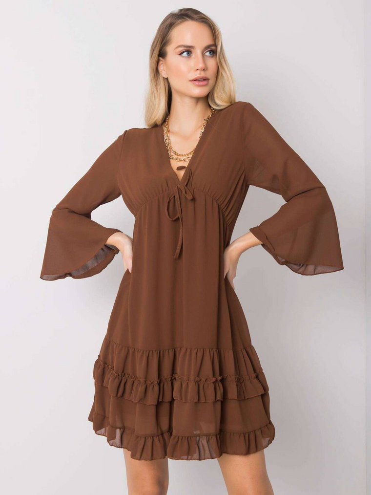Sukienka z falbaną brązowy casual codzienna dekolt okrągły rękaw długi długość mini