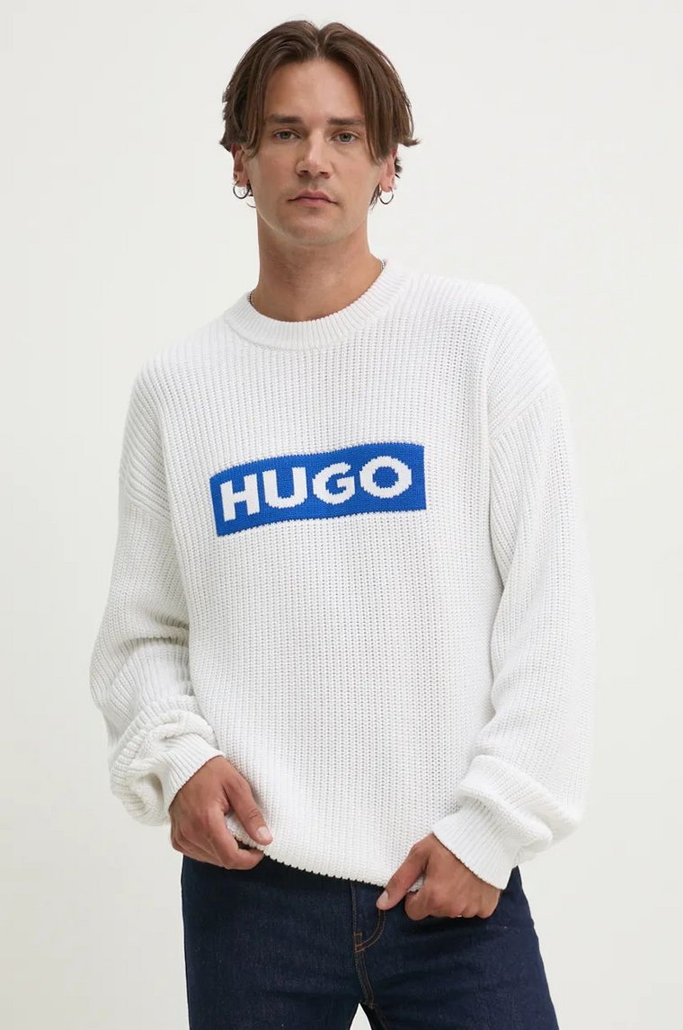 Hugo Blue sweter bawełniany kolor biały  50525363