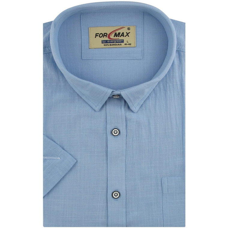 Lniana Koszula Męska Codzienna gładka niebieska z krótkim rękawem w kroju REGULAR For Max P186