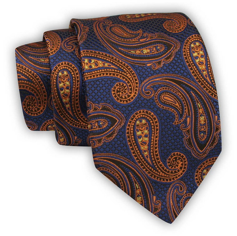 Krawat Alties (7 cm) - Niebiesko Złoty, Wzór: Duże Paisley