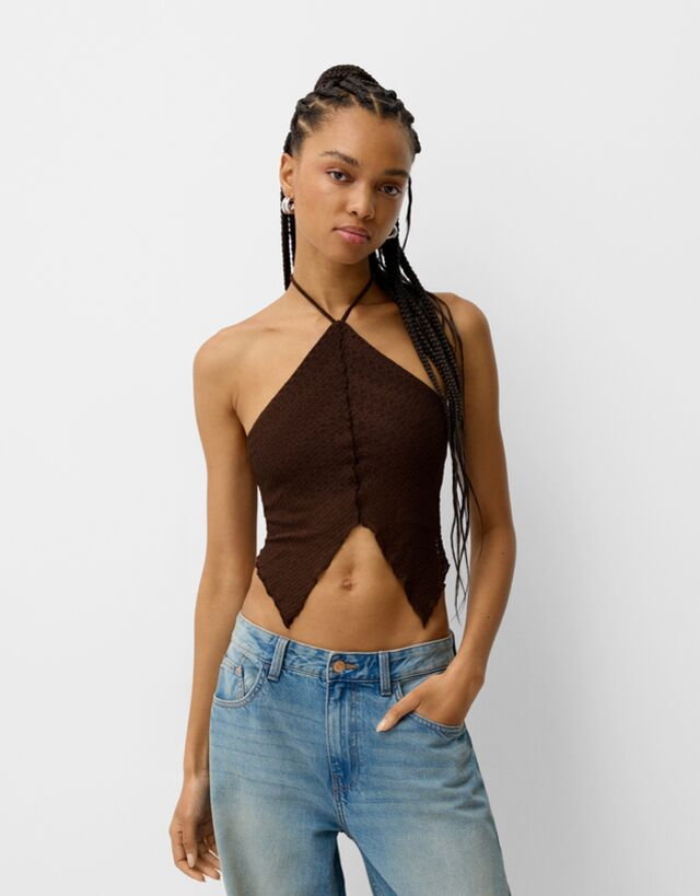 Bershka Top Z Dekoltem Halter W Rustykalnym Stylu Kobieta L Brązowy