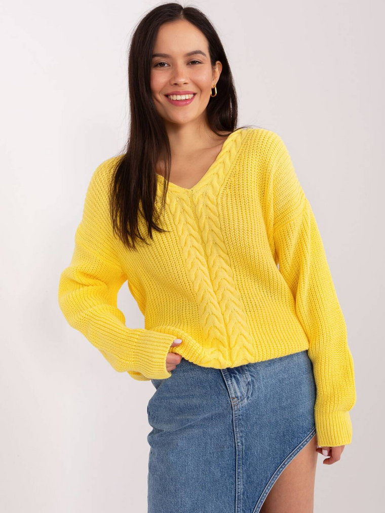 Sweter klasyczny żółty casual dekolt w kształcie V rękaw długi